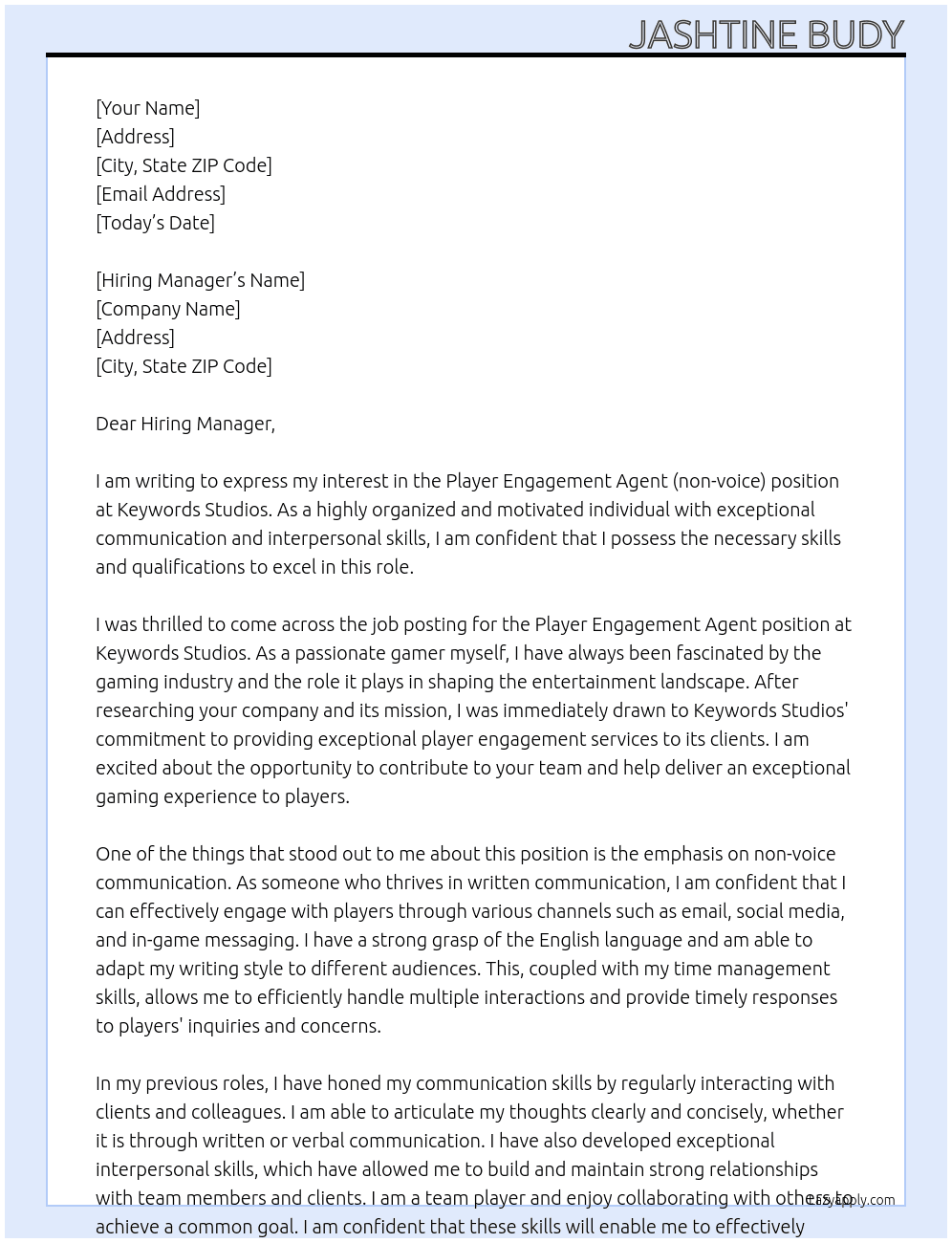  Player Engagement Agent (non-voice) At Keywords Studios Cover Letter