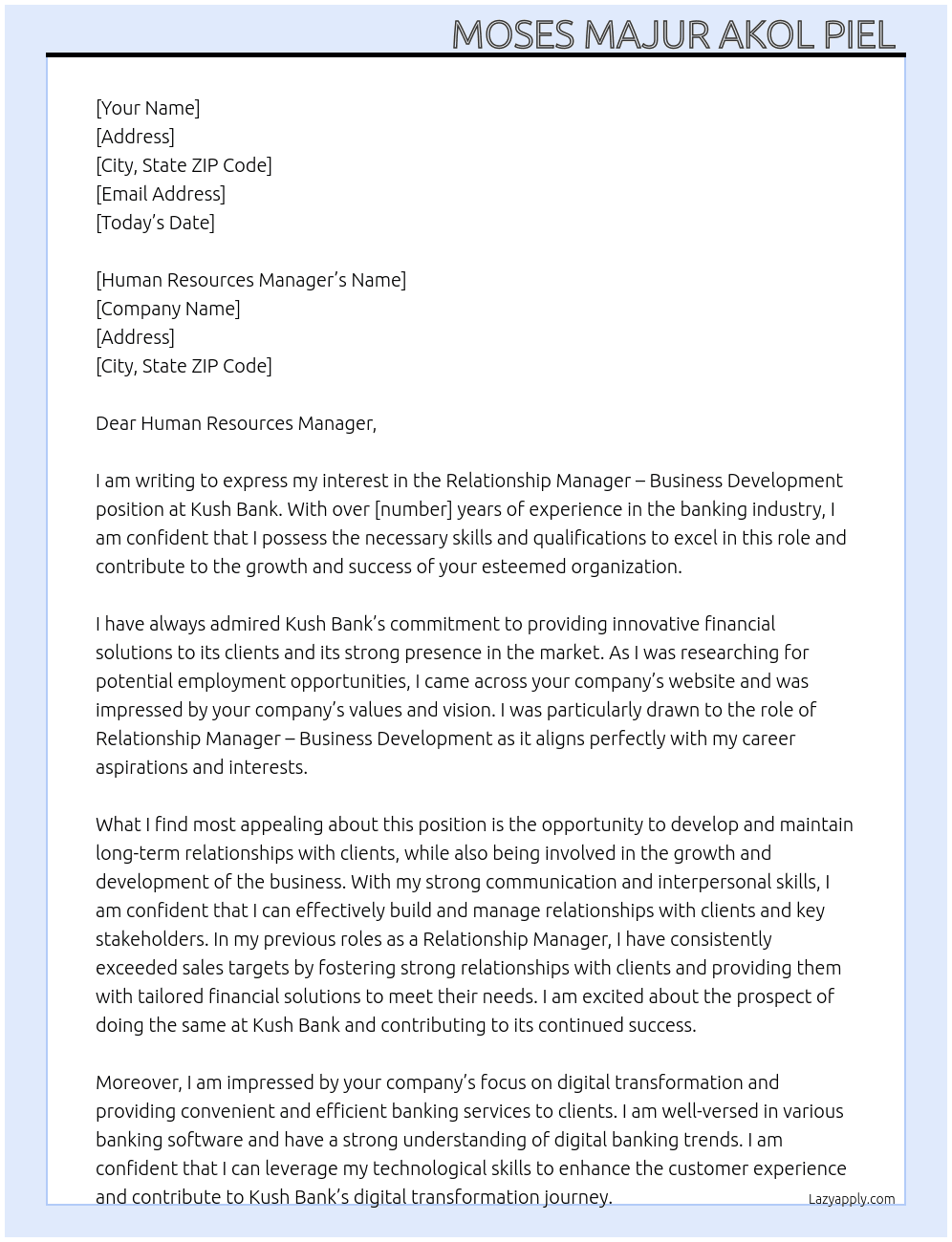 Relationship manager- Business Development  At Kush Bank Cover Letter