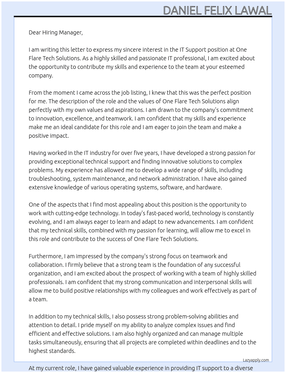 IT Support At one flare tech solutions Cover Letter