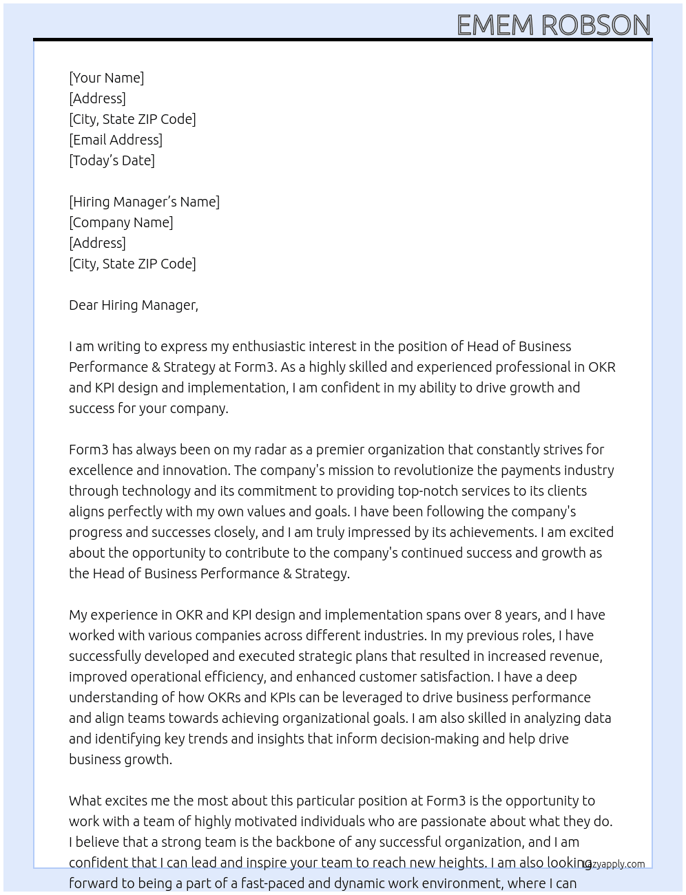 Head of Business Performance & Strategy At Form3 Cover Letter
