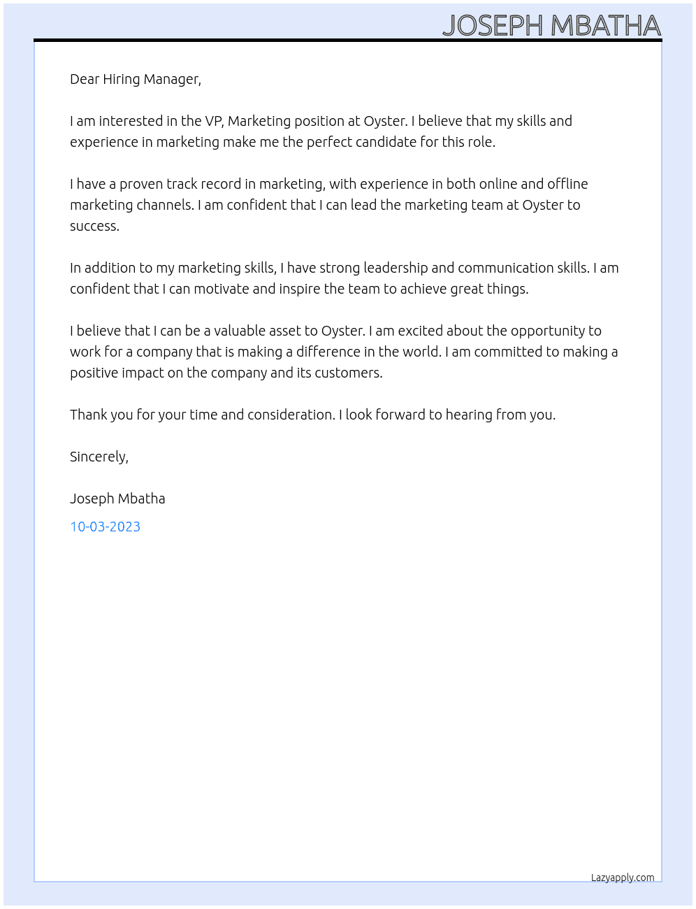 VP, Marketing At Oyster Cover Letter