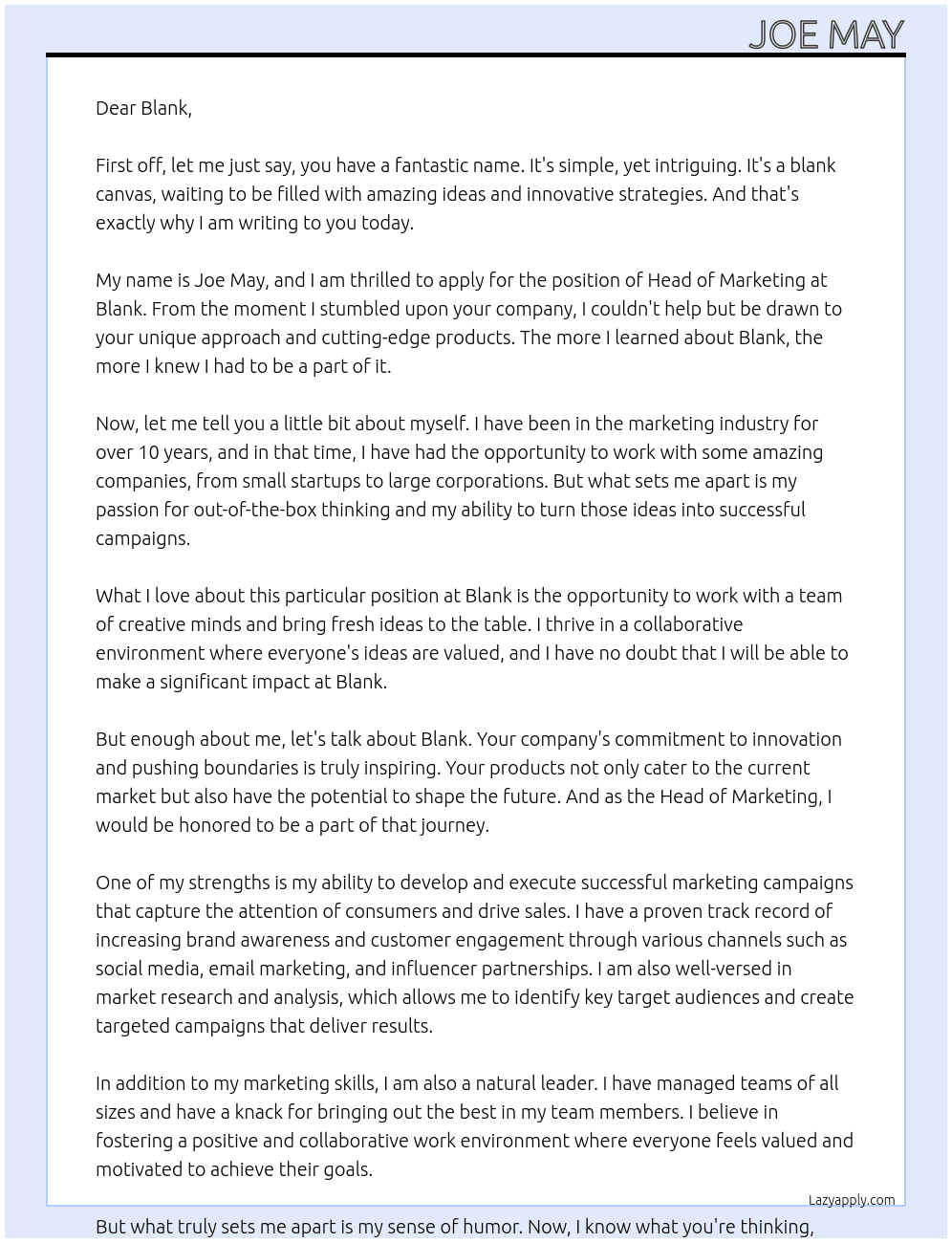 Head of Marketing At Blank Cover Letter