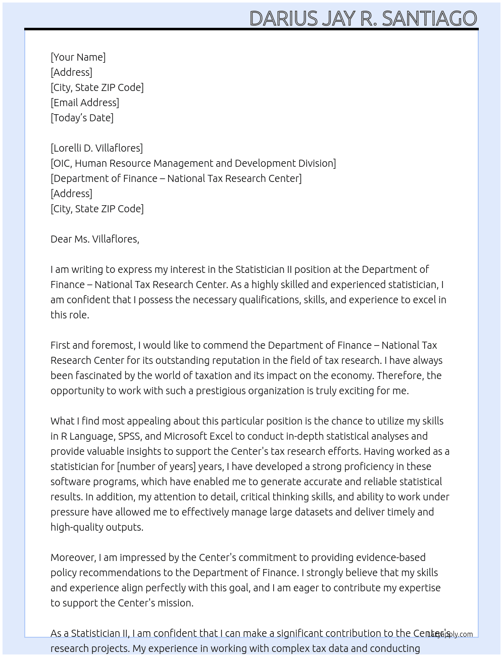 STATISTICIAN II At Department of Finance – National Tax Research Center  Cover Letter