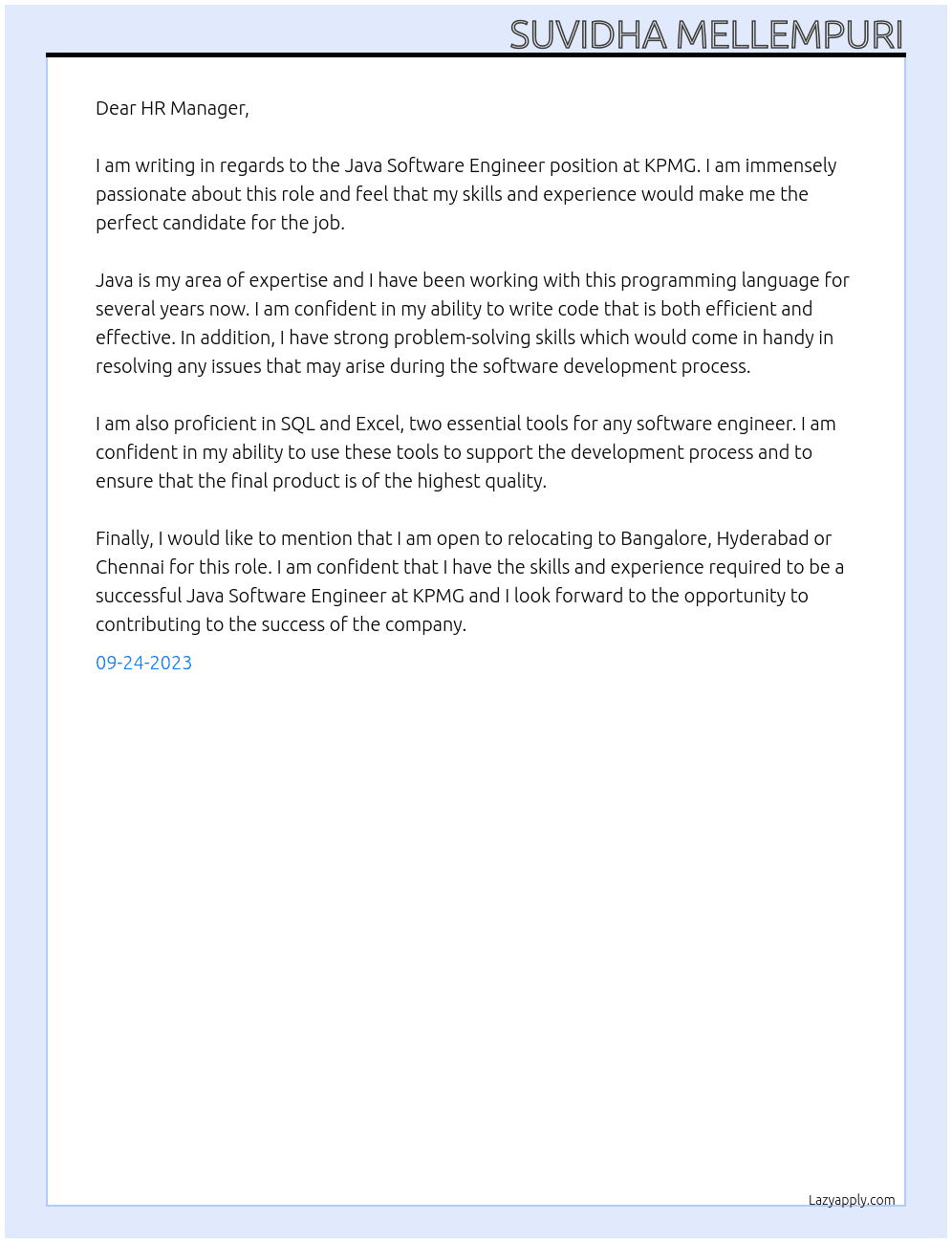 java software engineer At kpmg Cover Letter
