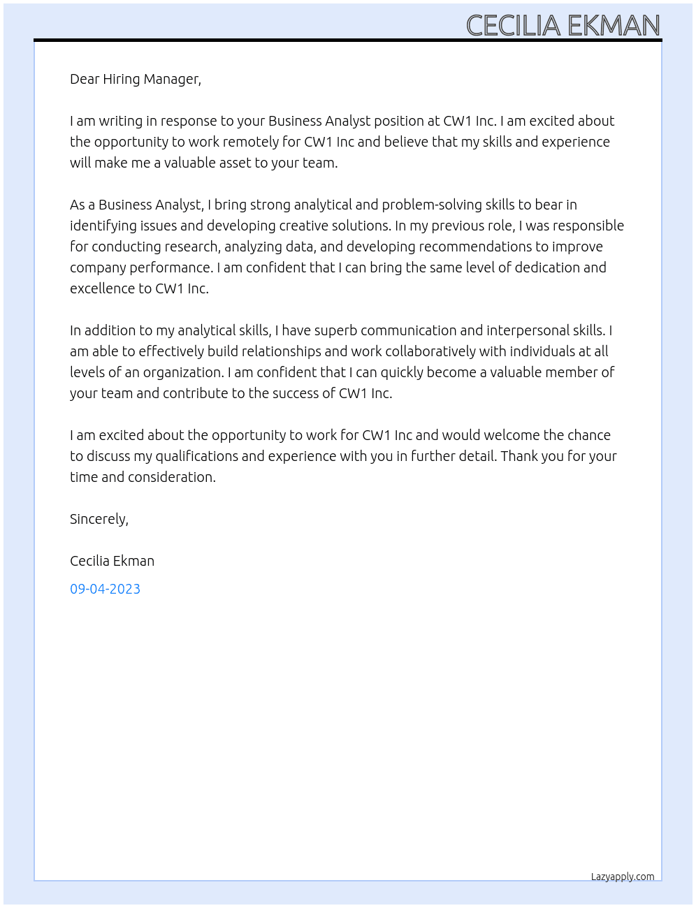 Business Analyst At CW1 Inc Cover Letter
