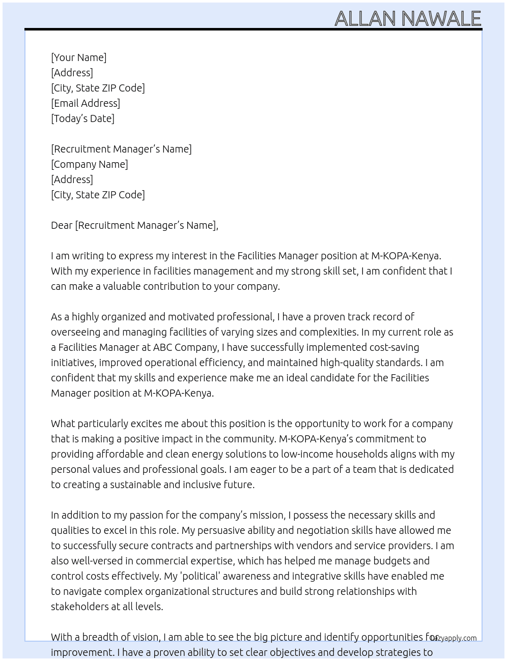 Facilities Manager  At M-KOPA-Kenya  Cover Letter