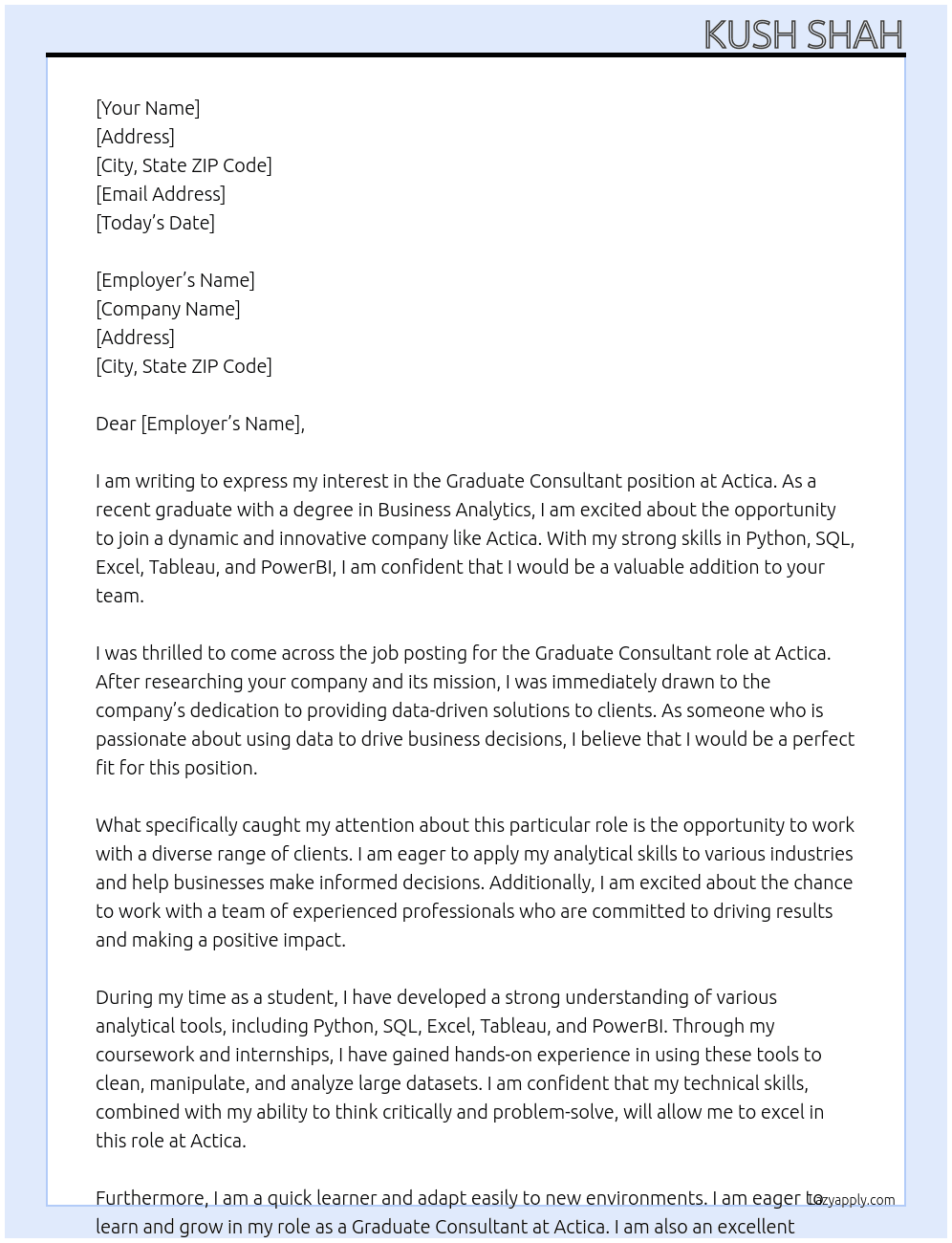 Graduate Consultant At Actica Cover Letter