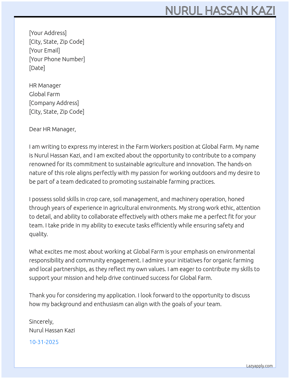 Farm workers  At Global farm  Cover Letter