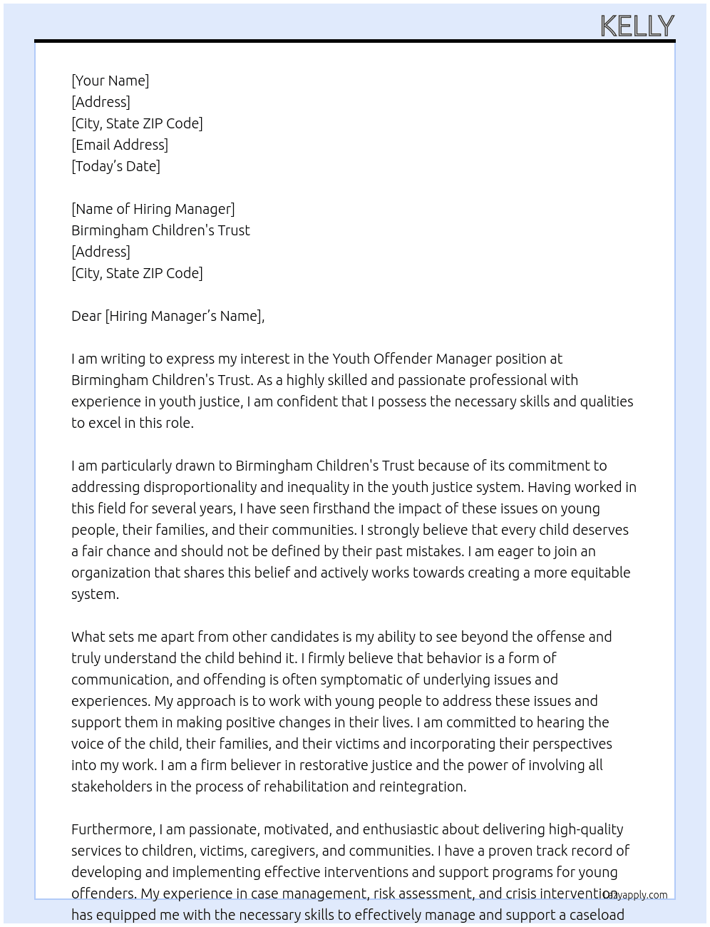 Youth Offender Managager At Birmingham Children's Trust Cover Letter