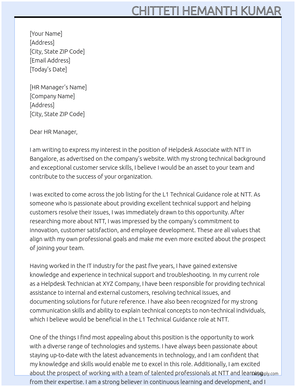 HELPDESK ASSOCIAT At NTT Cover Letter