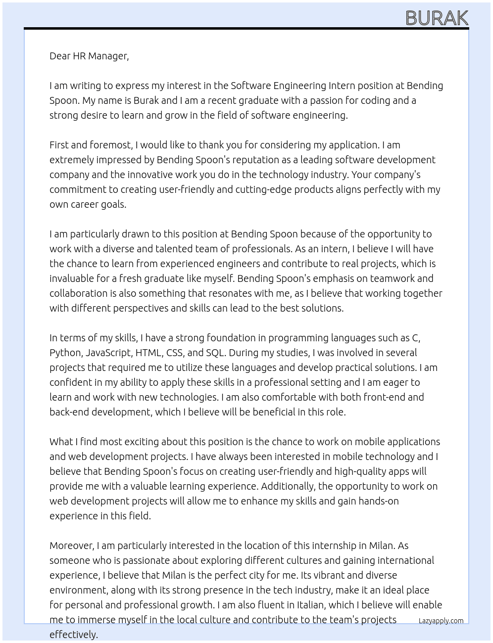 software engineering intern At Bending Spoon Cover Letter