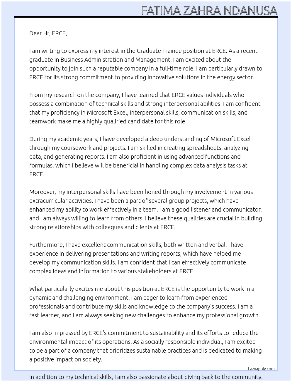 Graduate trainee  At ERCE Cover Letter