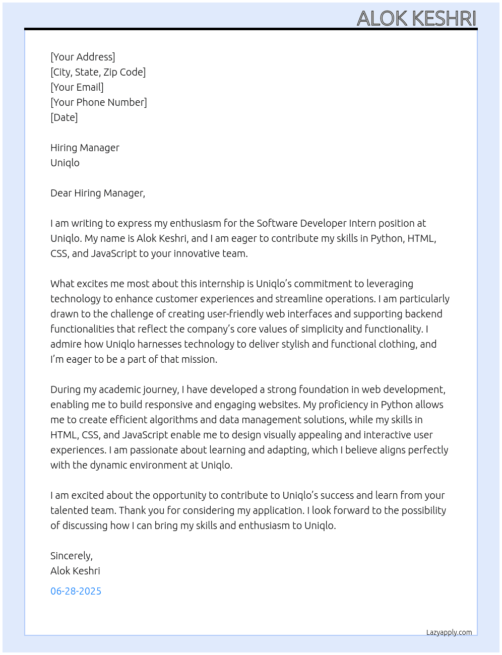 Cover letter for software developer interns - LazyApply