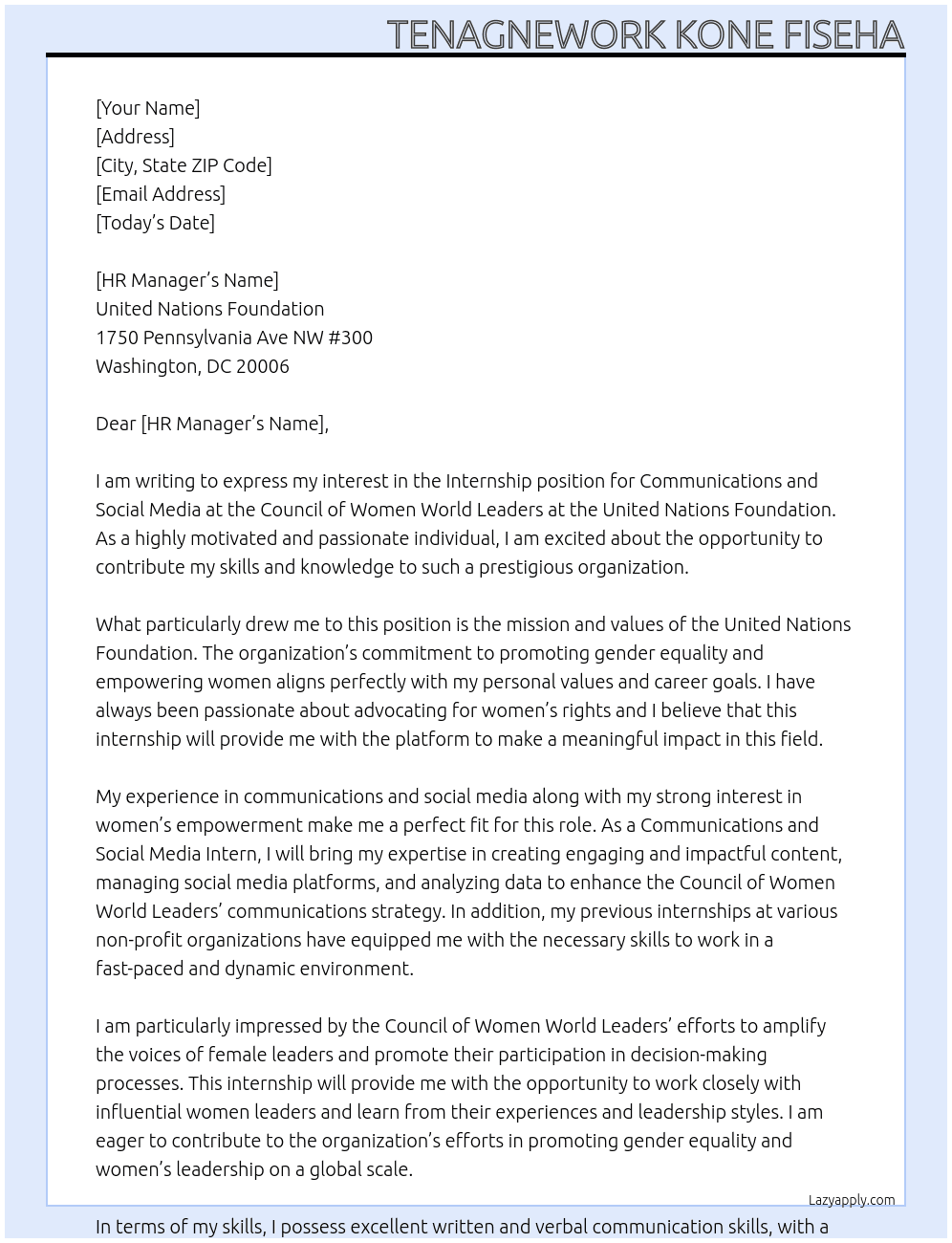 Internship, Communications and Social Media, Council of Women World Leaders At United nations foundation Cover Letter