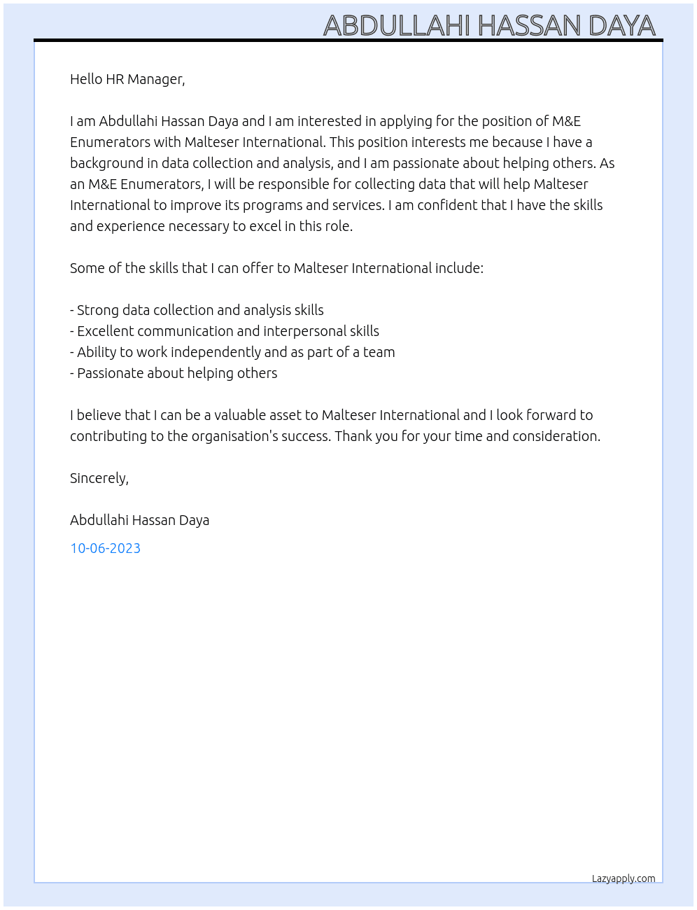 M&E Enumerators At Malteser International Cover Letter