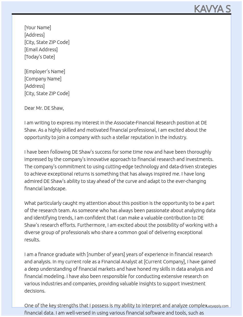 associate-financial research  At DE Shaw Cover Letter