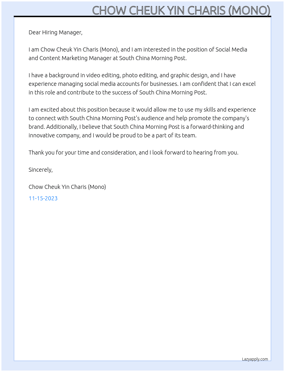 Social Media and Content Marketing Manager At South China Morning Post Cover Letter