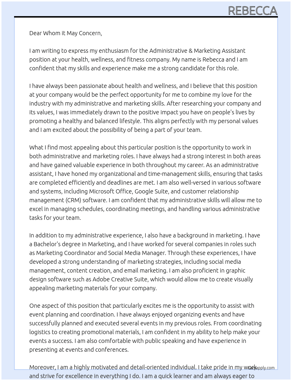 Administrative & Marketing Assistant At health, Wellness & Fitness company Cover Letter