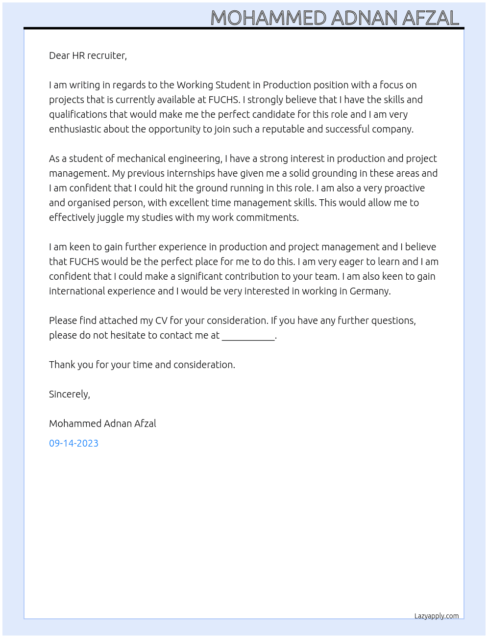 Working student in production with a focus on projects  At FUCHS Cover Letter
