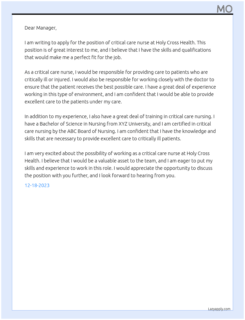 critical cnurseare  At Holy Cross Health  Cover Letter