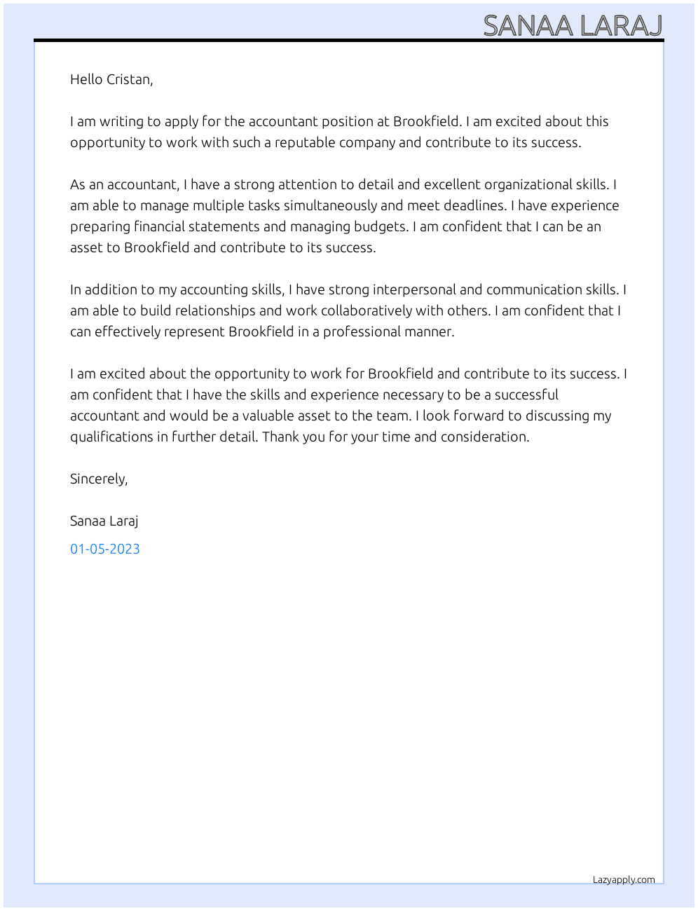 accountant At Brookfield Cover Letter
