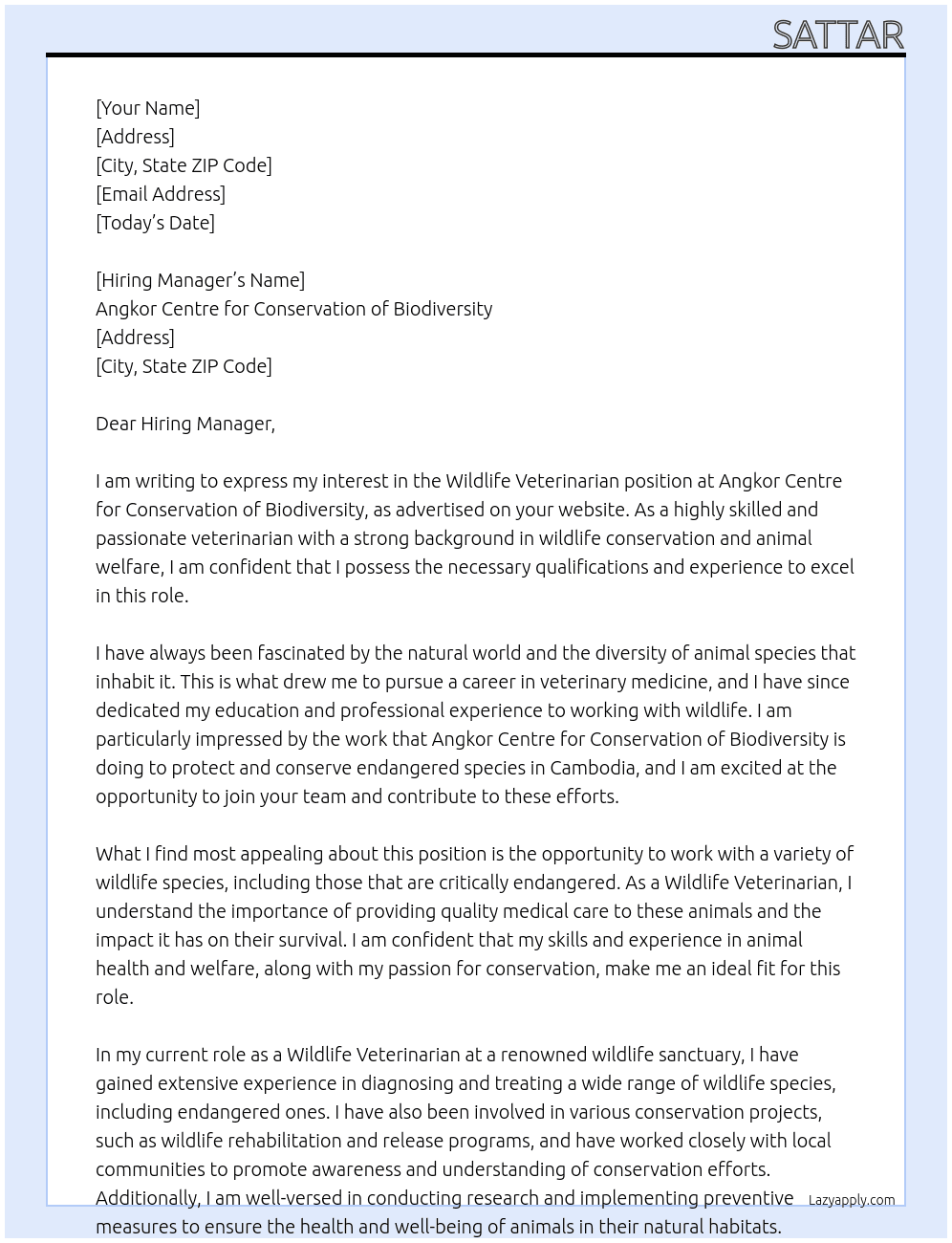 Wildlife Veterinarian At Angkor Centre for Conservation of Biodiversity Cover Letter