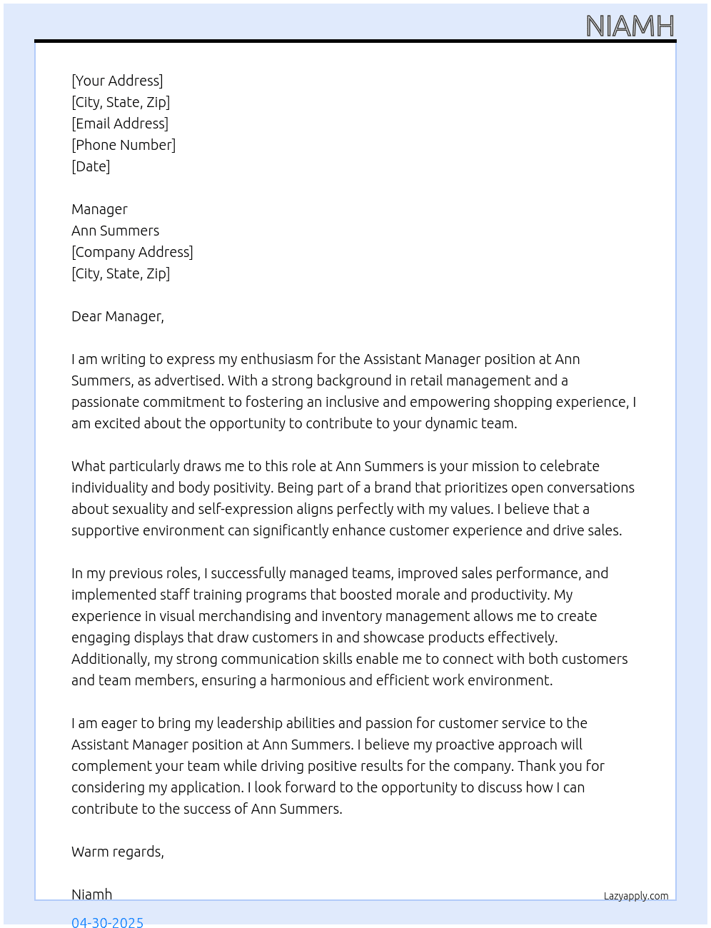 Cover letter for assistant manger - LazyApply