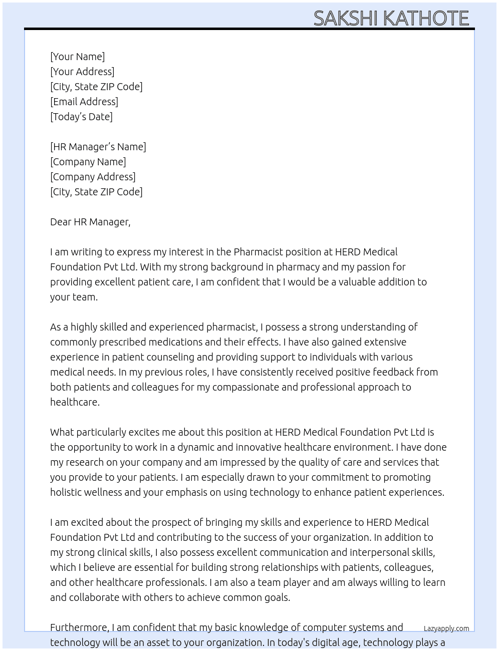 Pharmacist  At HERD Medical Foundation Pvt Ltd Cover Letter