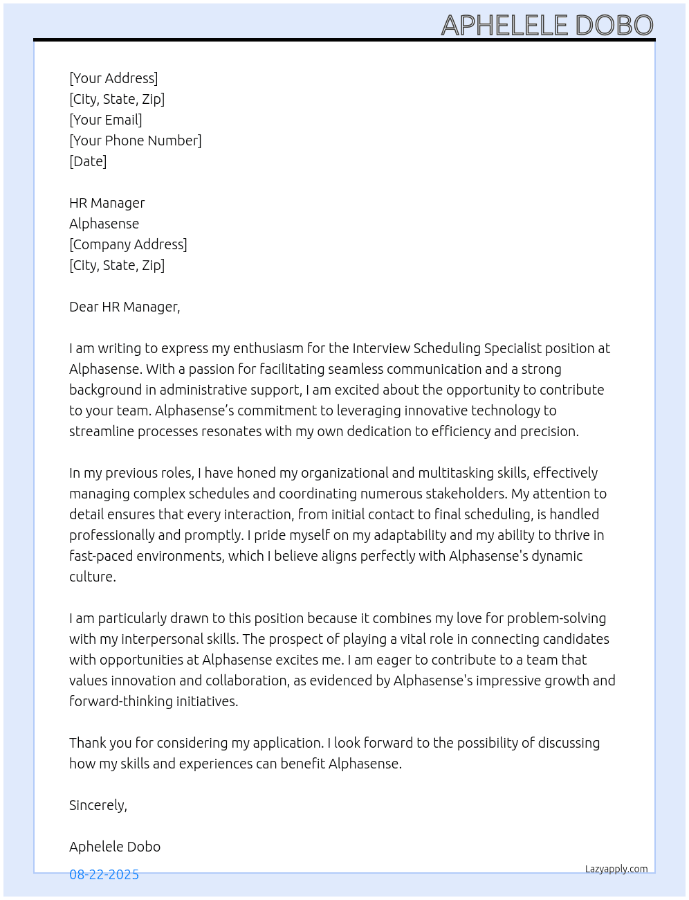 Interview Scheduling Specialist At Alphasense Cover Letter