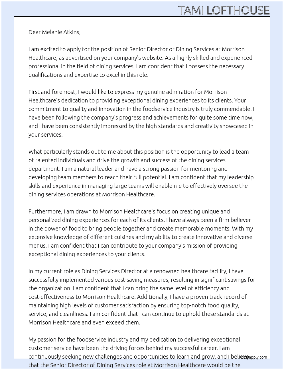 Senior Director of Dining Services At Morrison Healthcare Cover Letter
