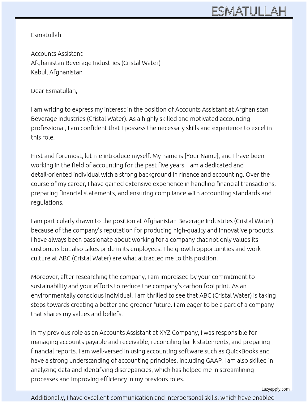 Accounts Assistant At Afghanistan Beverage Industries (Cristal Water) Cover Letter