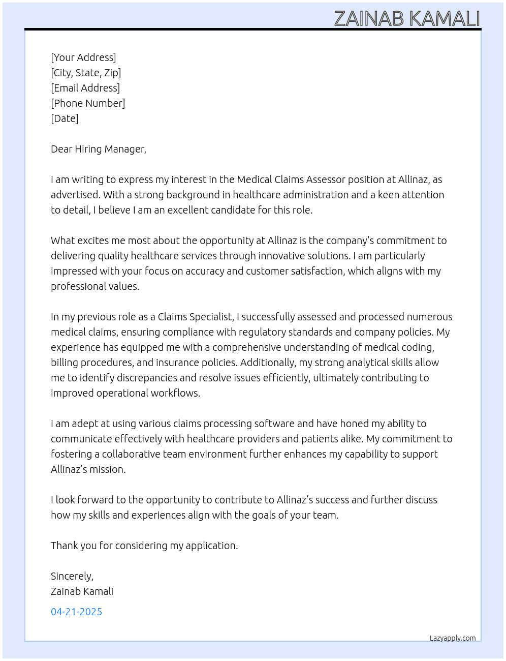 Medical Claims assessor At Allinaz Cover Letter
