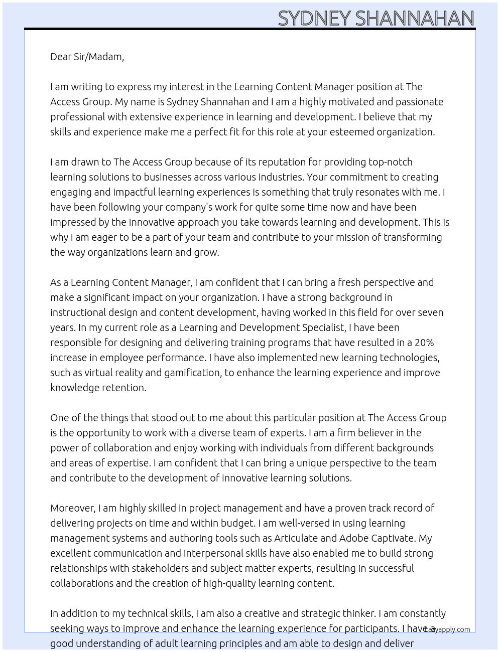 Learning Content Manager At The Access Group Cover Letter