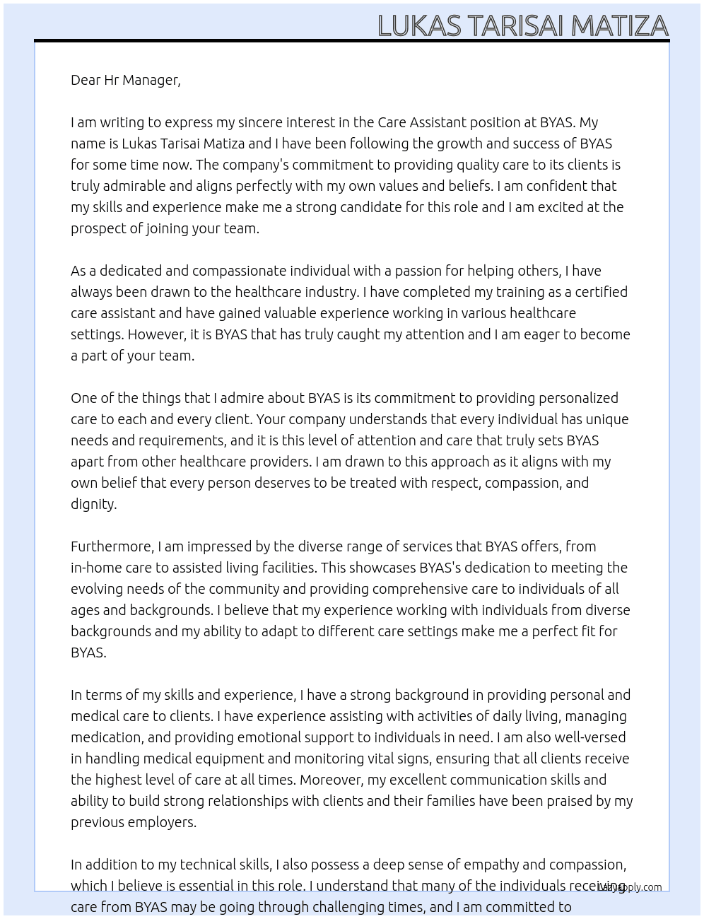 Care assistant At BYAS Cover Letter