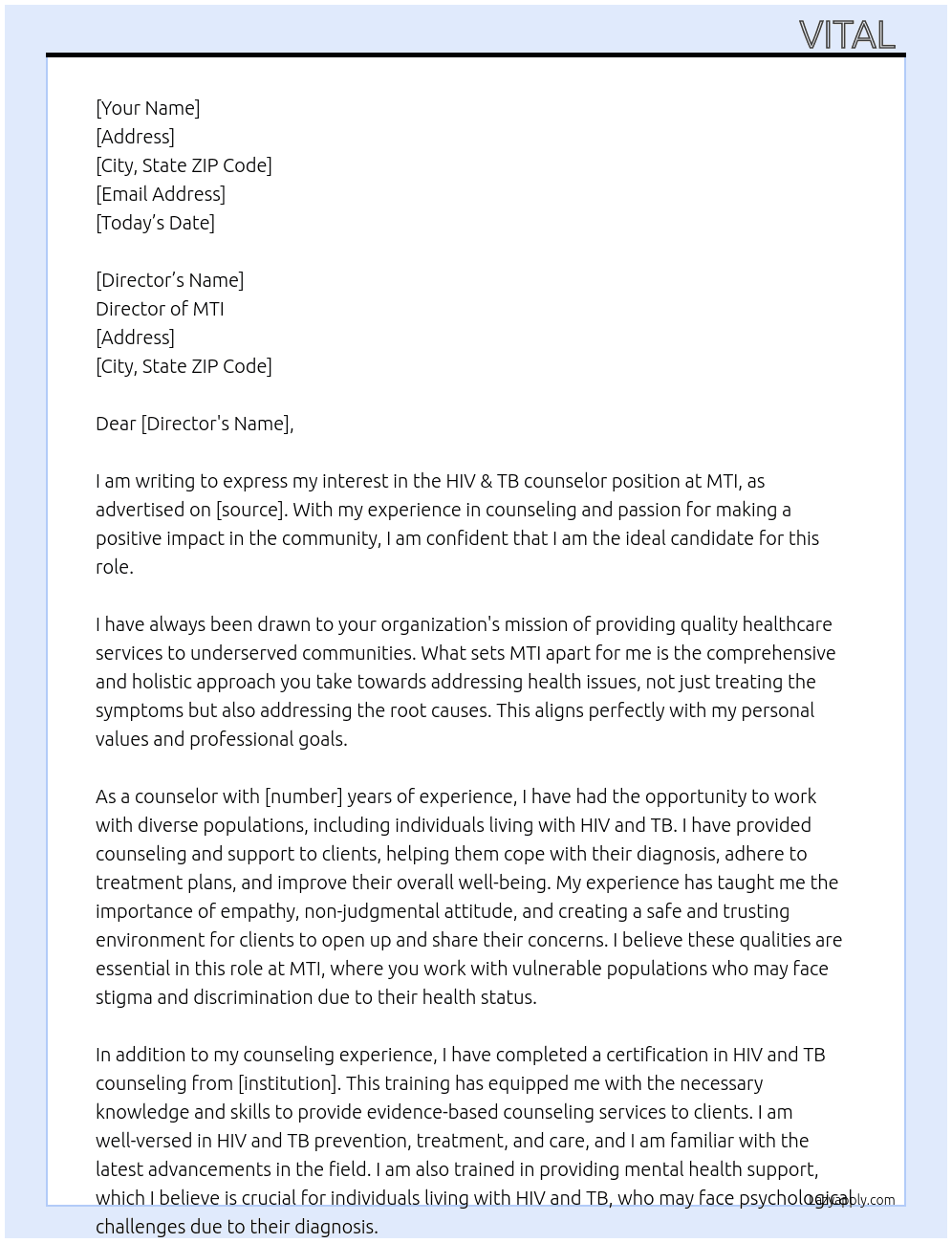 HIV & TB counseler At Vital  Cover Letter