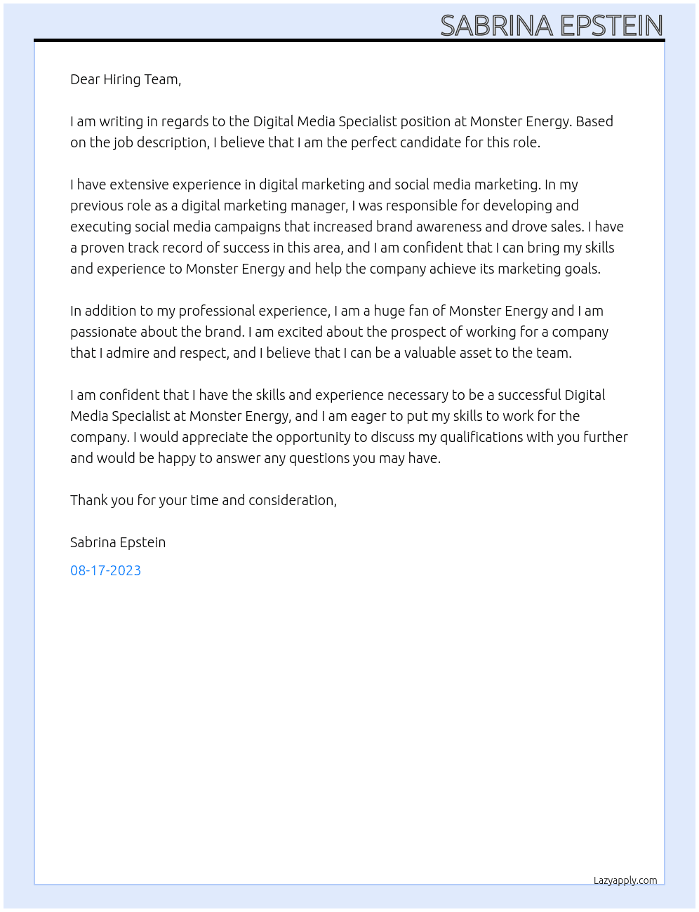 Digital Media Specialist At Monster Energy Cover Letter