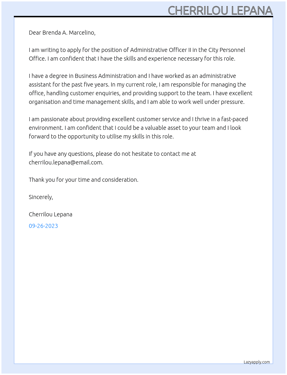 Administrative Officer II At City Personnel Office Cover Letter