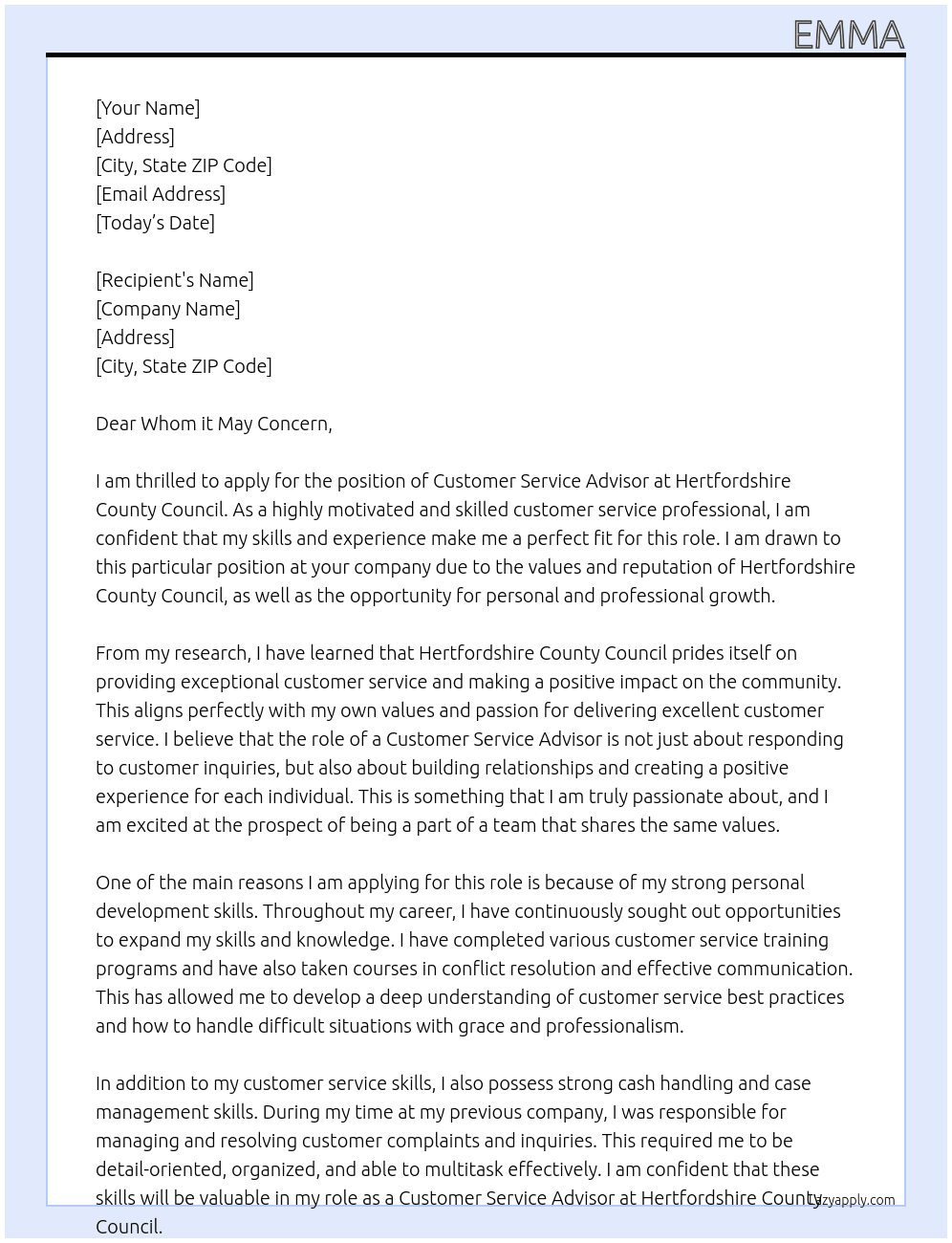 Customer Service Advisor At Hertfordshire County Council Cover Letter
