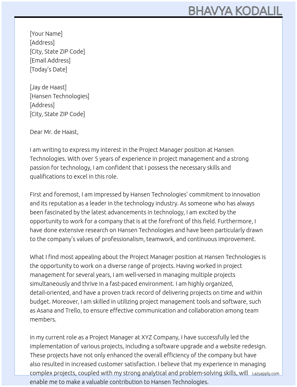 Project manager  At Hansen technologies  Cover Letter