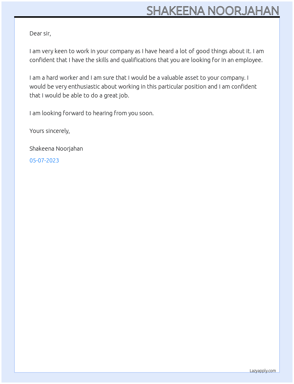 Any job At Reputed company  Cover Letter