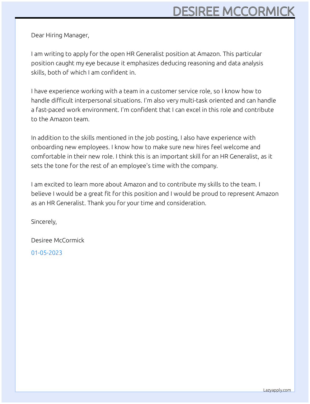 HR Generalist (Entry Level Role) At Amazon Cover Letter