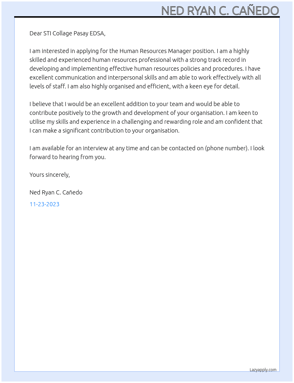 Human Resources Manager At STI COLLAGE PASAY EDSA Cover Letter