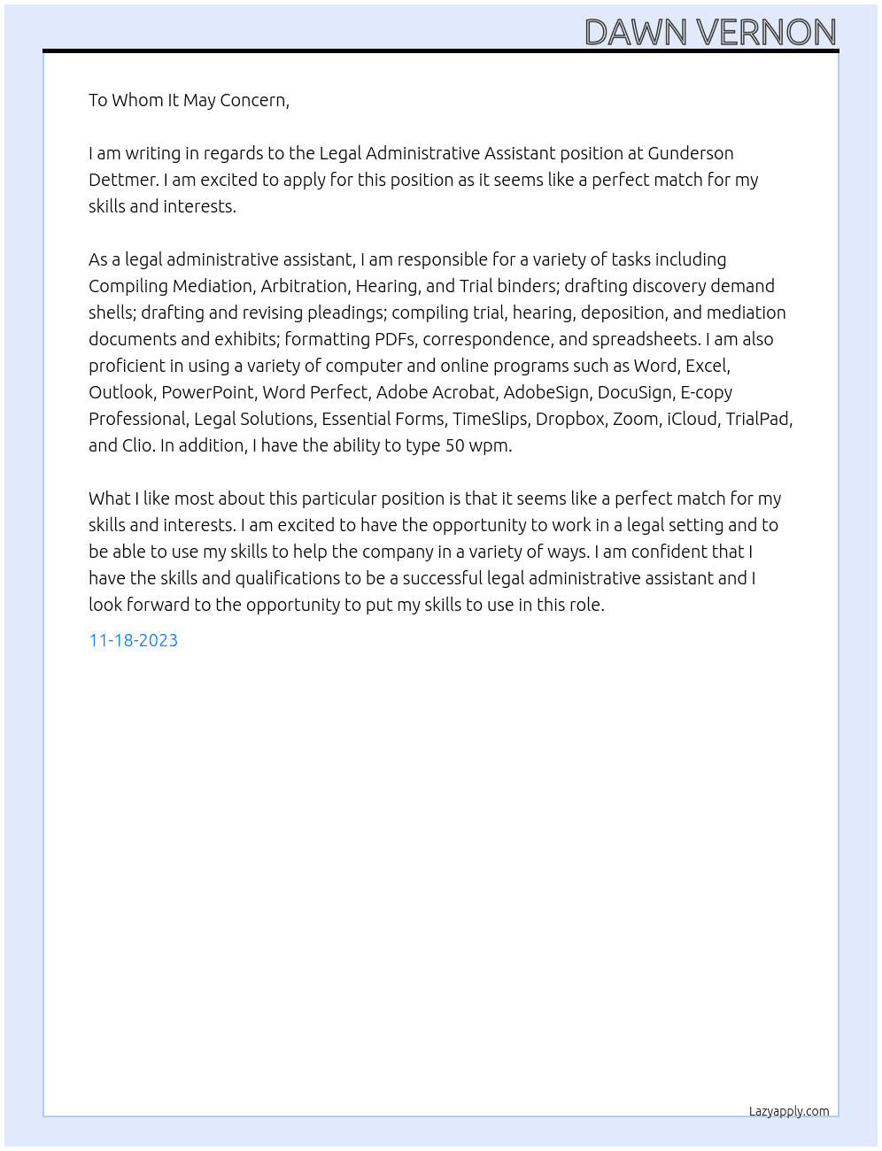legal administrative assistant At Gunderson Dettmer Cover Letter