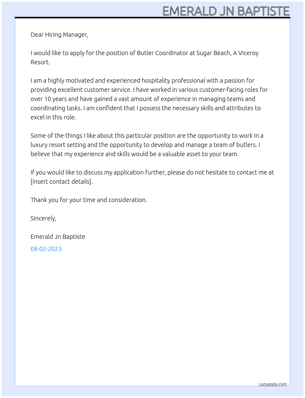 Butler Coordinator At Sugar Beach, A Viceroy Resort Cover Letter