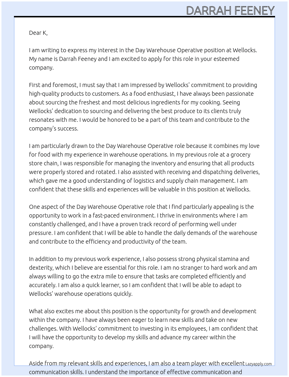 Day Warehouse Operative At Wellocks Cover Letter