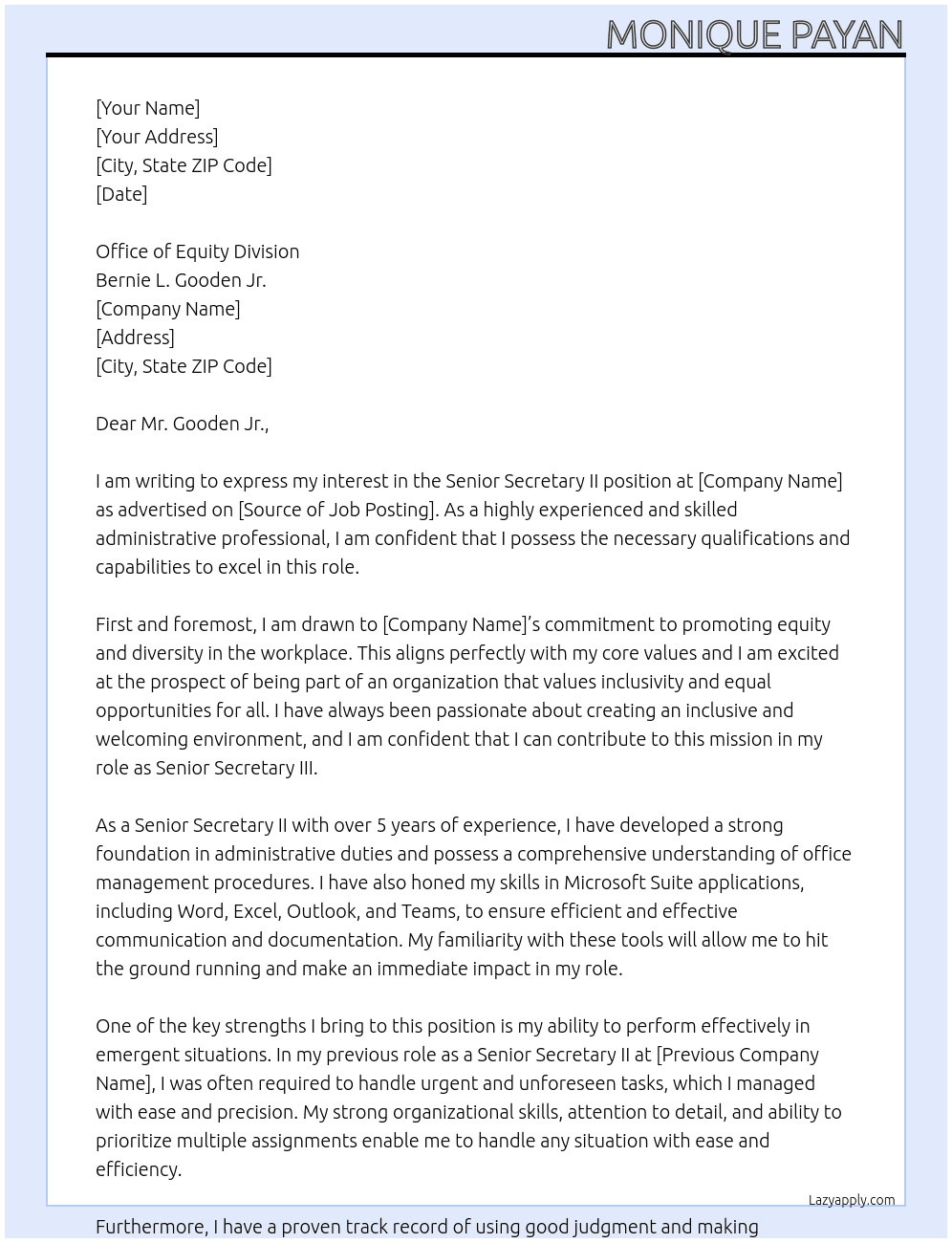 Senior Secretary II At Senior Secretary III Cover Letter