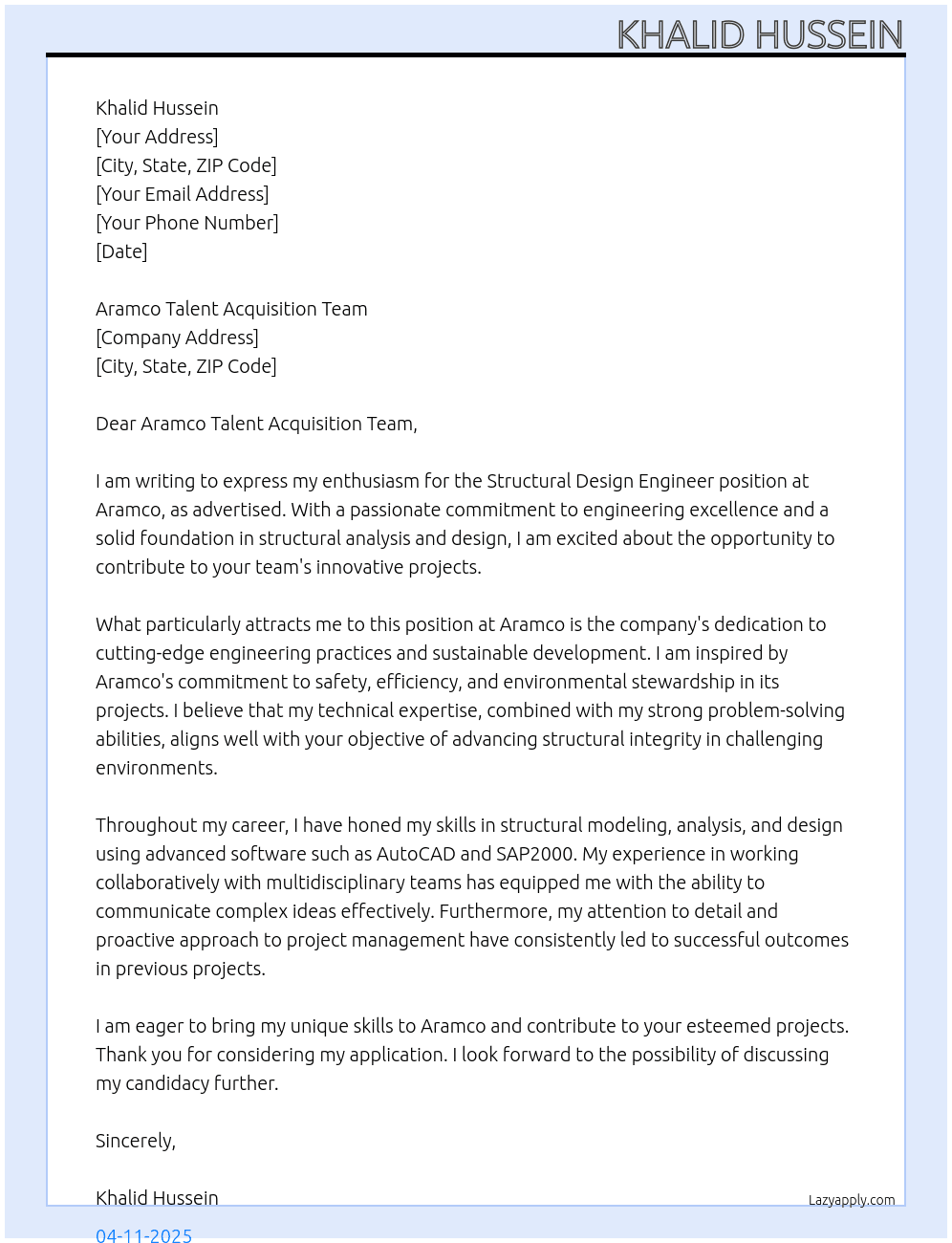 Structural Design Engineer  At Aramco Cover Letter