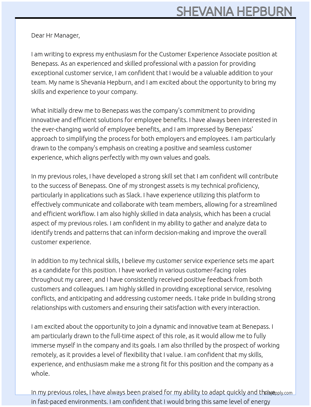 Customer experience associate At Benepass Cover Letter