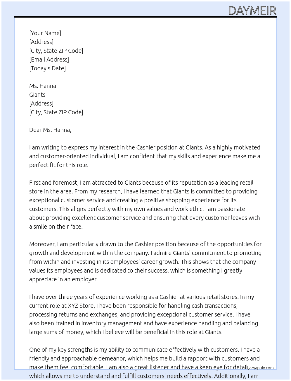 Cahsier  At Giants Cover Letter