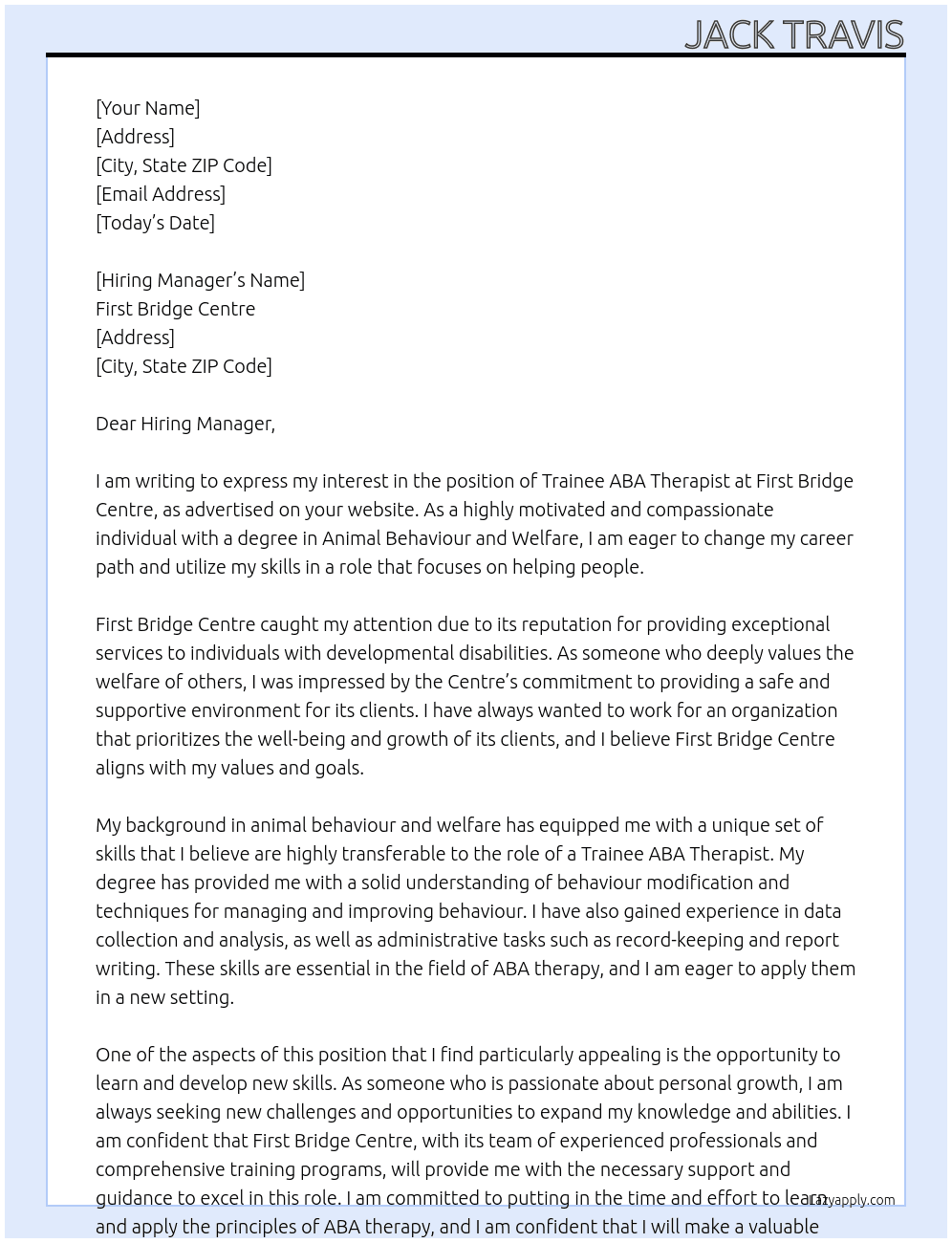 trainee ABA therapist  At First Bridge Centre  Cover Letter